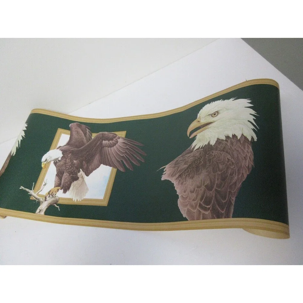 Genuine Flying Eagle on Branch Wallpaper Border Vintage Green Brown&White